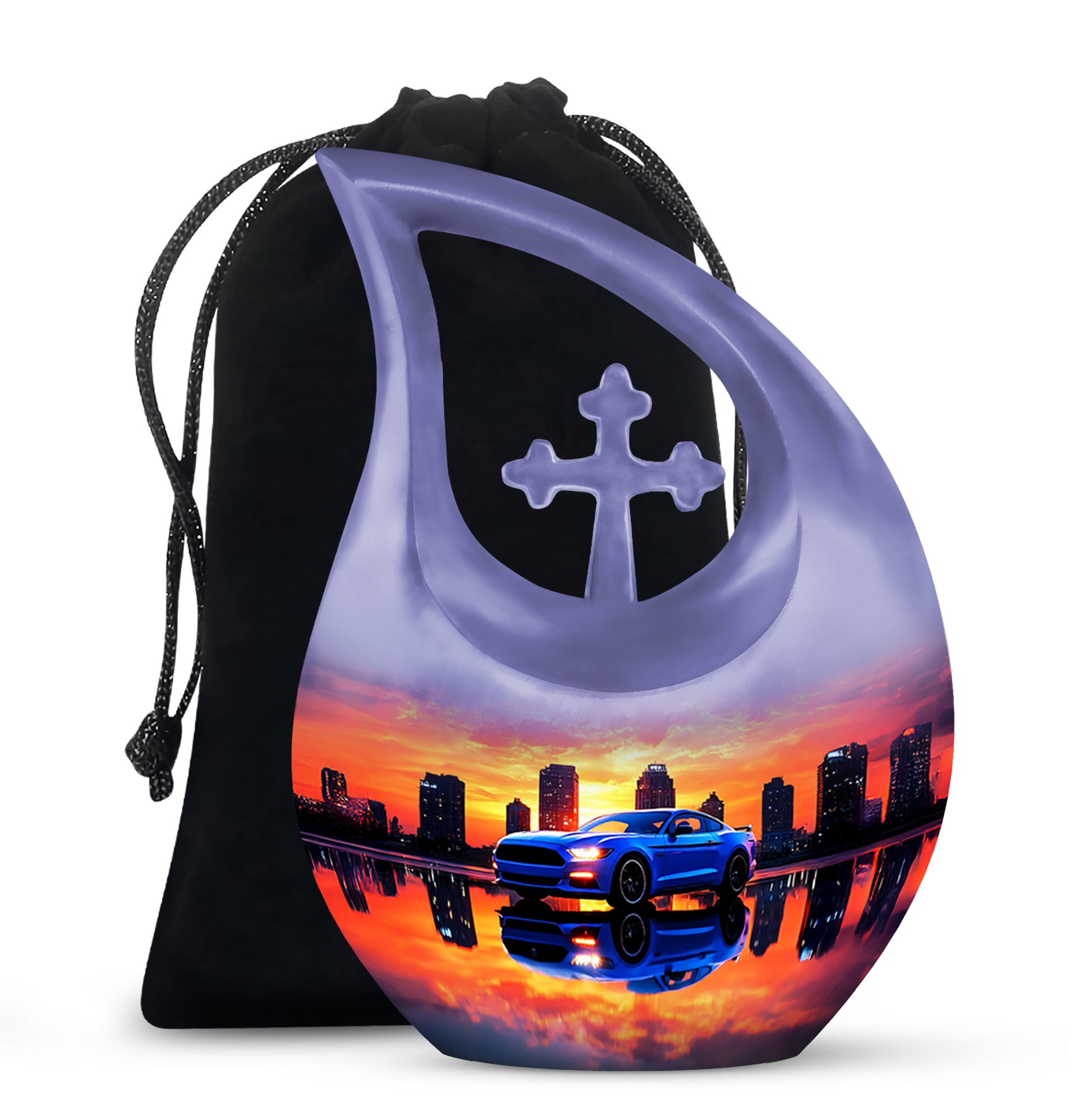 Royal Purple Car Cremation Urn top-down view of secure threaded lid - faith-inspired cross-drop urn with car pattern - full-size 10 inch 200 cubic inch adult cremation urn