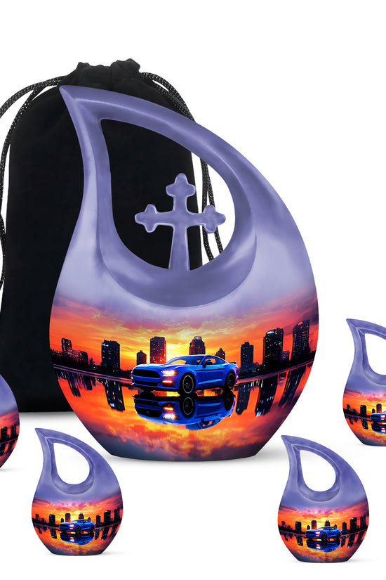 Violet Purple Car Cremation Urn urn with complimentary velvet bag - faith-inspired cross-drop urn with car pattern - memorial set with one large and four small urns
