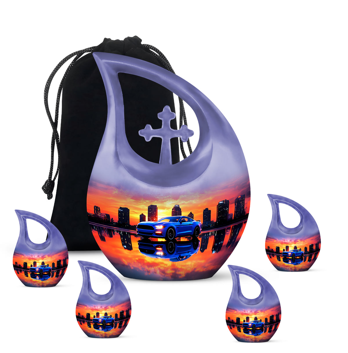Violet Purple Car Cremation Urn urn with complimentary velvet bag - faith-inspired cross-drop urn with car pattern - memorial set with one large and four small urns