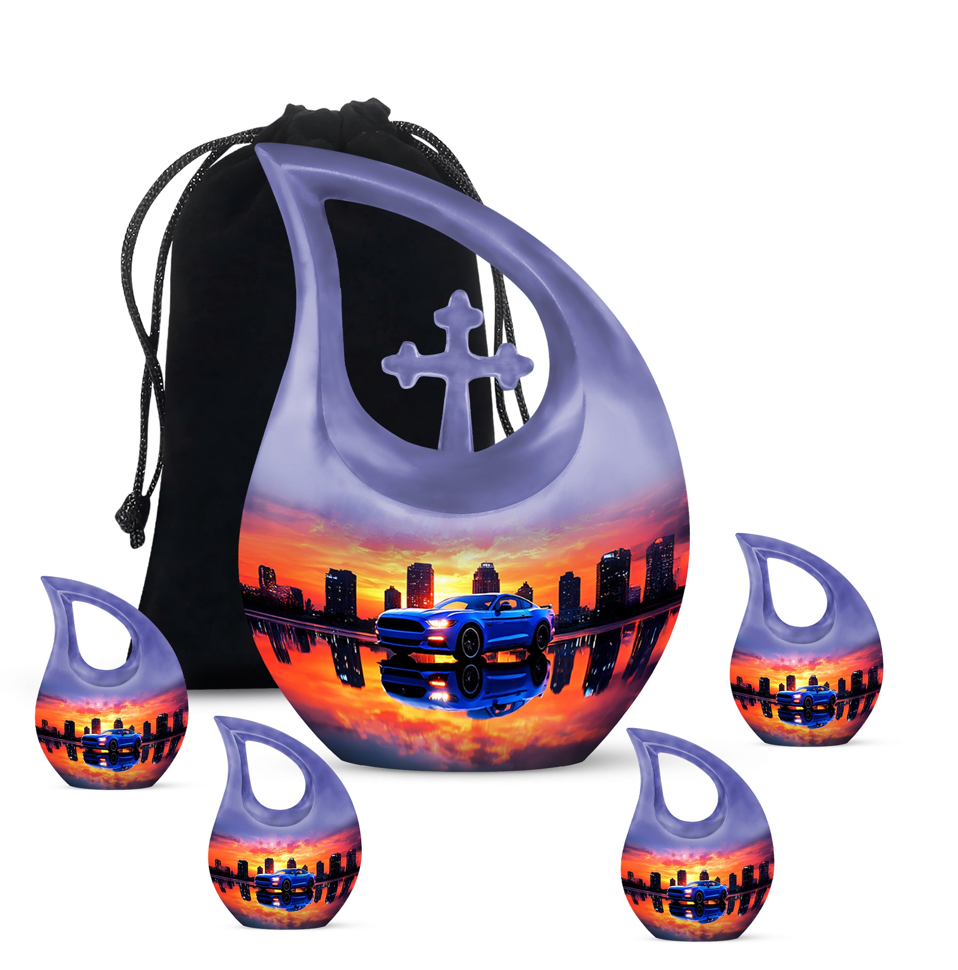 Violet Purple Car Cremation Urn urn with complimentary velvet bag - faith-inspired cross-drop urn with car pattern - memorial set with one large and four small urns