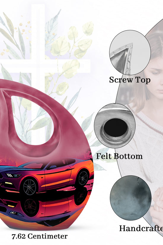 Celestial Blue Car Cremation Urn back view with polished surface - sacred cross merged with car motif on metal - mini keepsake memorial for portion of cremation ashes