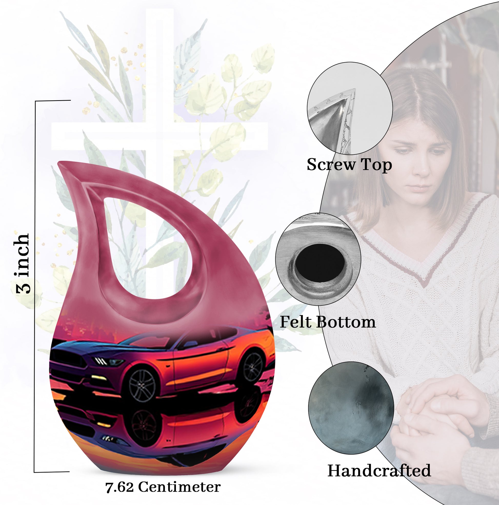 Celestial Blue Car Cremation Urn back view with polished surface - sacred cross merged with car motif on metal - mini keepsake memorial for portion of cremation ashes