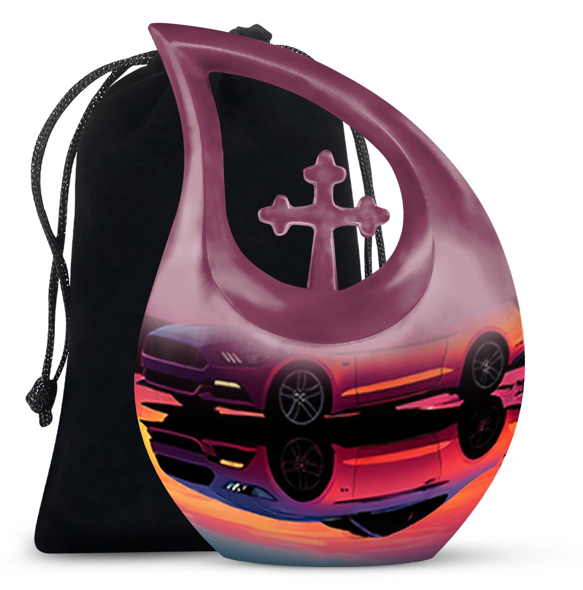 Cornflower Blue Car Cremation Urn top-down view of secure threaded lid - devotional cross-drop car engraving - full-size 10 inch 200 cubic inch adult cremation urn