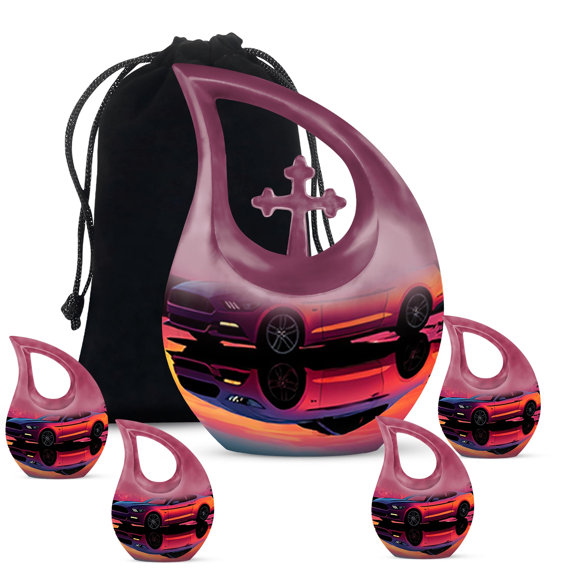 Pastel Blue Car Cremation Urn urn with complimentary velvet bag - sacred cross merged with car motif on metal - memorial set with one large and four small urns