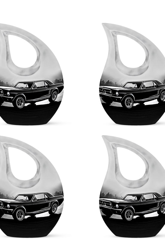 Slate Gray Car Cremation Urn lifestyle display on memorial shelf - devotional cross-drop car engraving - 10 inch aluminum urn for cremated remains