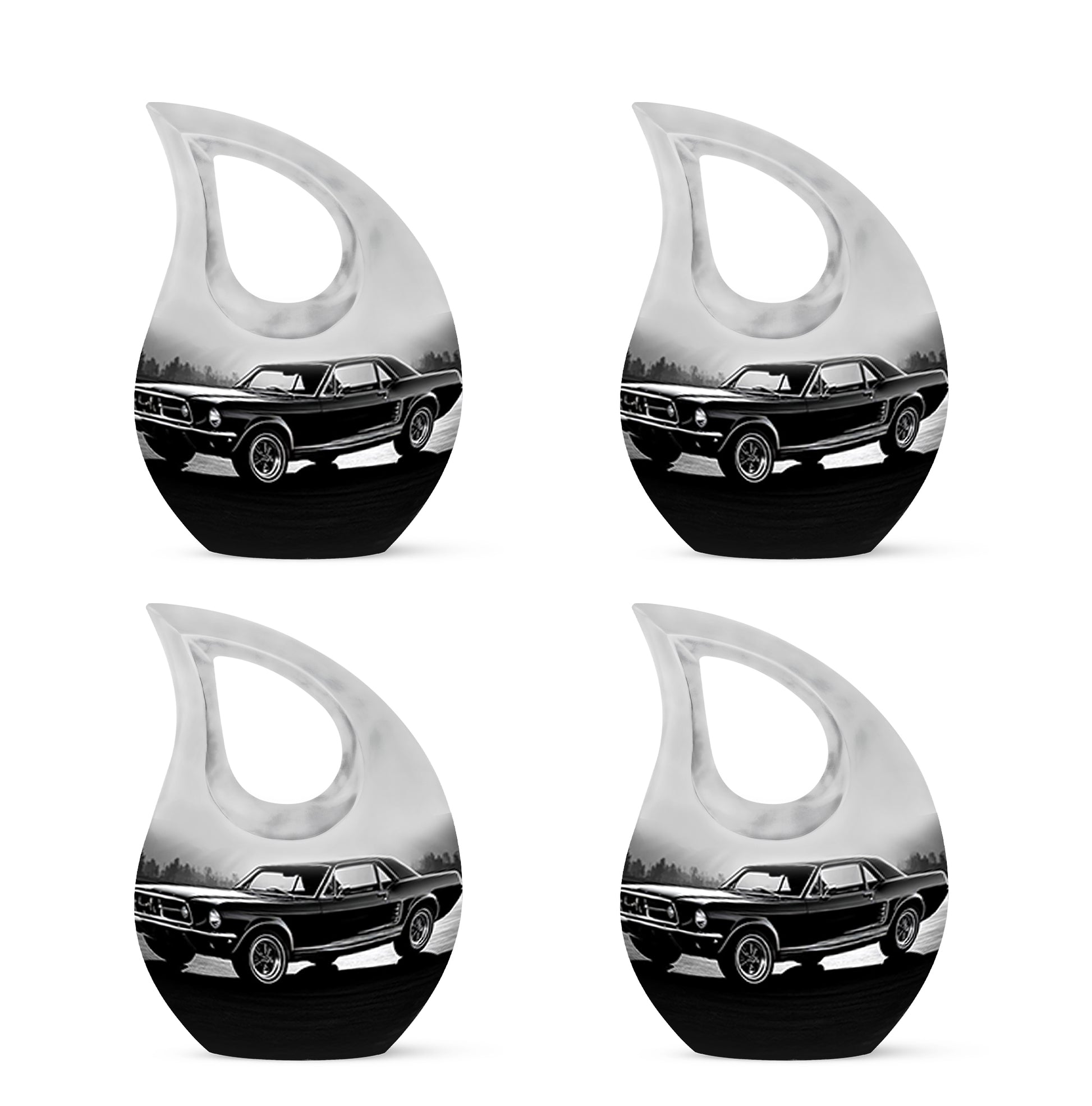 Slate Gray Car Cremation Urn lifestyle display on memorial shelf - devotional cross-drop car engraving - 10 inch aluminum urn for cremated remains