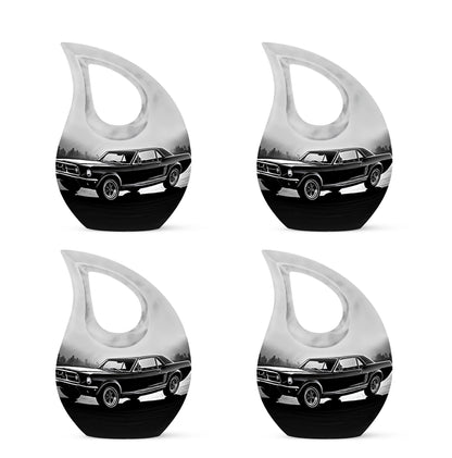Slate Gray Car Cremation Urn lifestyle display on memorial shelf - devotional cross-drop car engraving - 10 inch aluminum urn for cremated remains