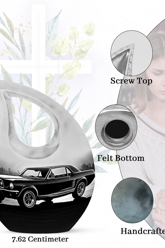Mist Gray Car Cremation Urn back view with polished surface - sacred cross merged with car motif on metal - mini keepsake memorial for portion of cremation ashes