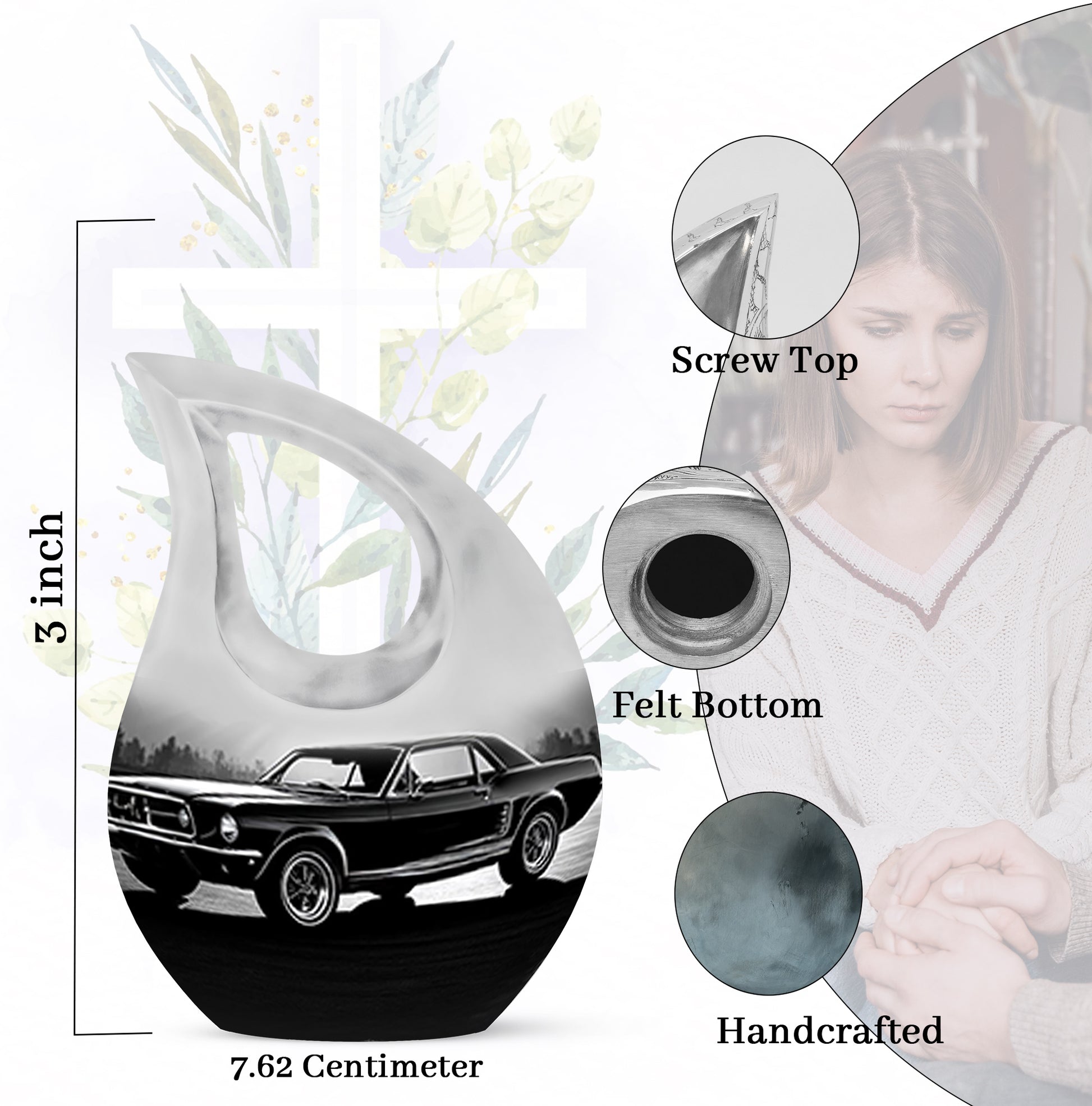 Mist Gray Car Cremation Urn back view with polished surface - sacred cross merged with car motif on metal - mini keepsake memorial for portion of cremation ashes