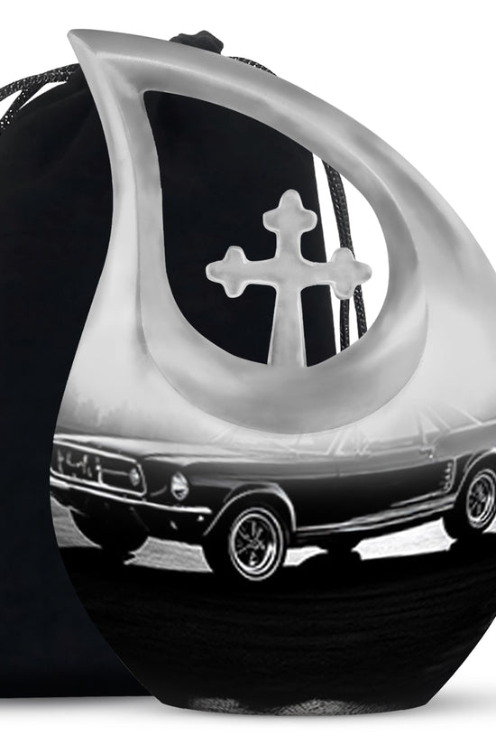 Steel Gray Car Cremation Urn top-down view of secure threaded lid - faith-inspired cross-drop urn with car pattern - full-size 10 inch 200 cubic inch adult cremation urn
