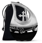 Steel Gray Car Cremation Urn top-down view of secure threaded lid - faith-inspired cross-drop urn with car pattern - full-size 10 inch 200 cubic inch adult cremation urn