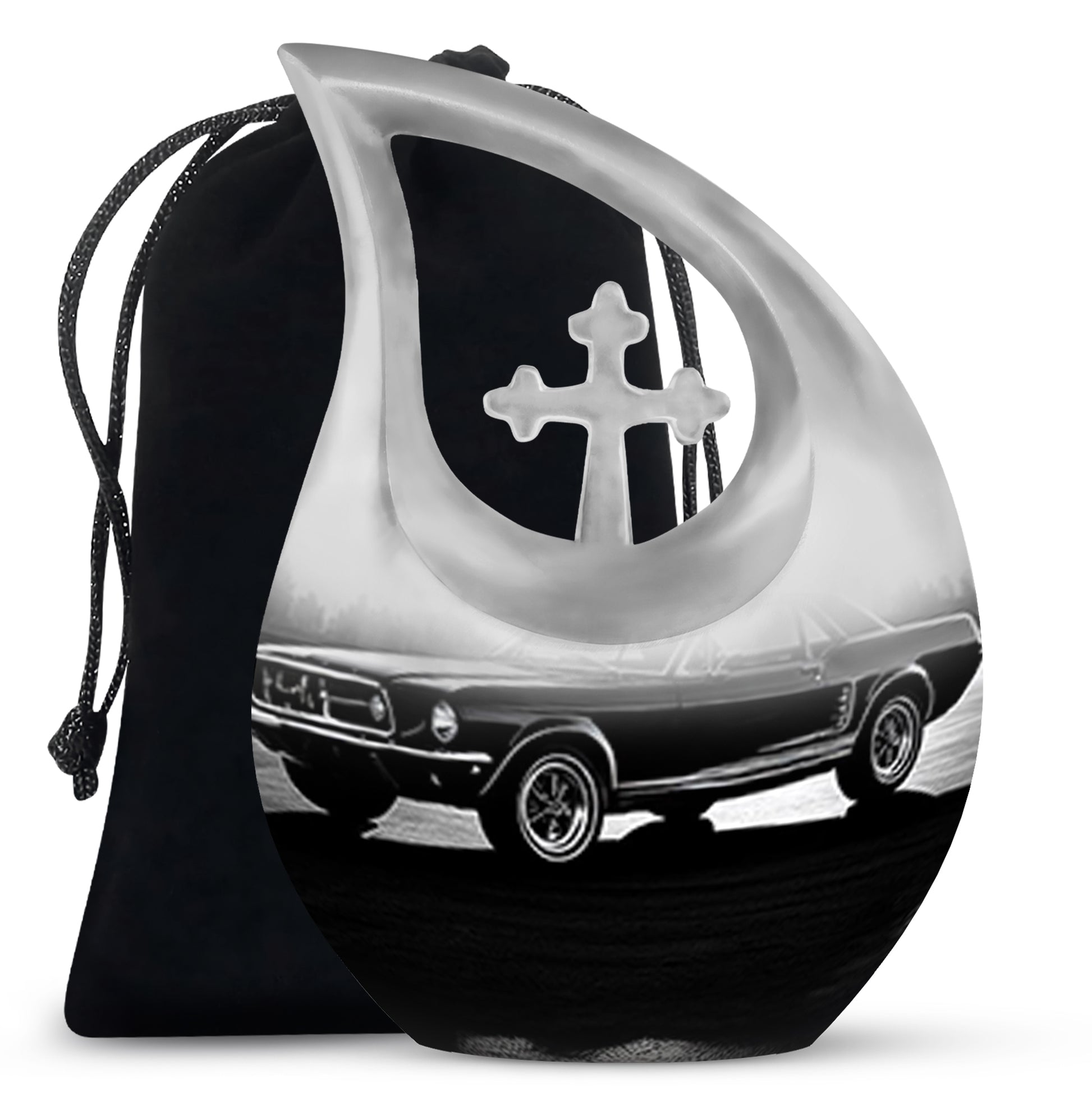 Steel Gray Car Cremation Urn top-down view of secure threaded lid - faith-inspired cross-drop urn with car pattern - full-size 10 inch 200 cubic inch adult cremation urn