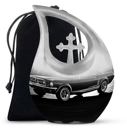 Steel Gray Car Cremation Urn top-down view of secure threaded lid - faith-inspired cross-drop urn with car pattern - full-size 10 inch 200 cubic inch adult cremation urn