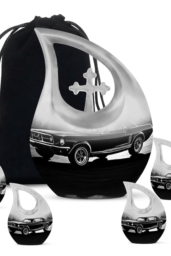 Slate Gray Car Cremation Urn urn with complimentary velvet bag - faith-inspired cross-drop urn with car pattern - memorial set with one large and four small urns