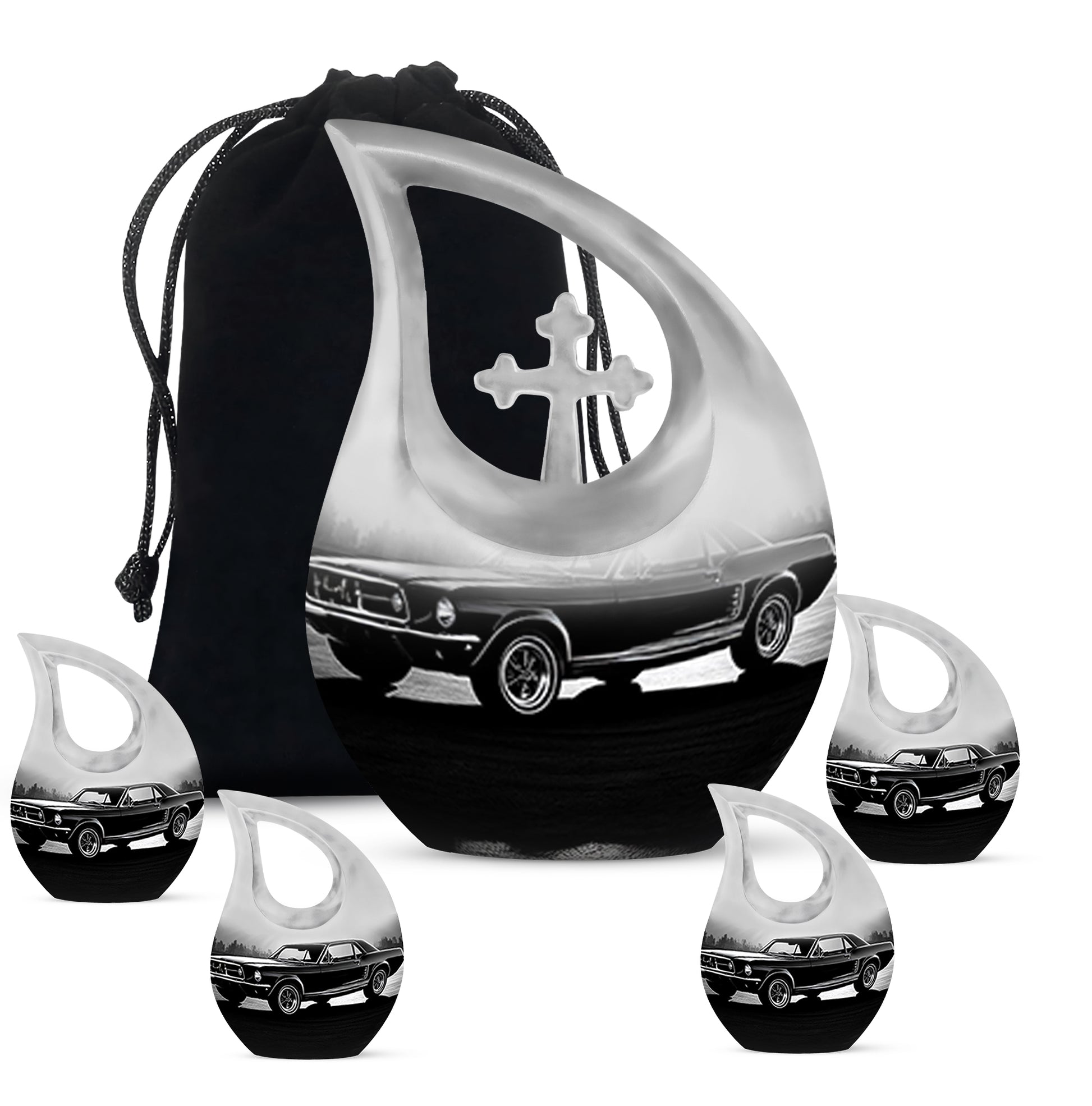 Slate Gray Car Cremation Urn urn with complimentary velvet bag - faith-inspired cross-drop urn with car pattern - memorial set with one large and four small urns
