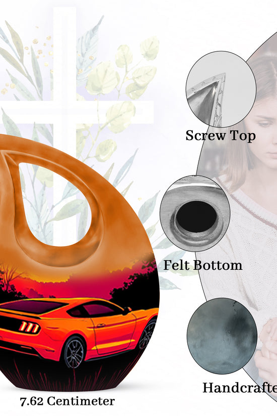 Burgundy Red Car Cremation Urn back view with polished surface - sacred cross merged with car motif on metal - mini keepsake memorial for portion of cremation ashes
