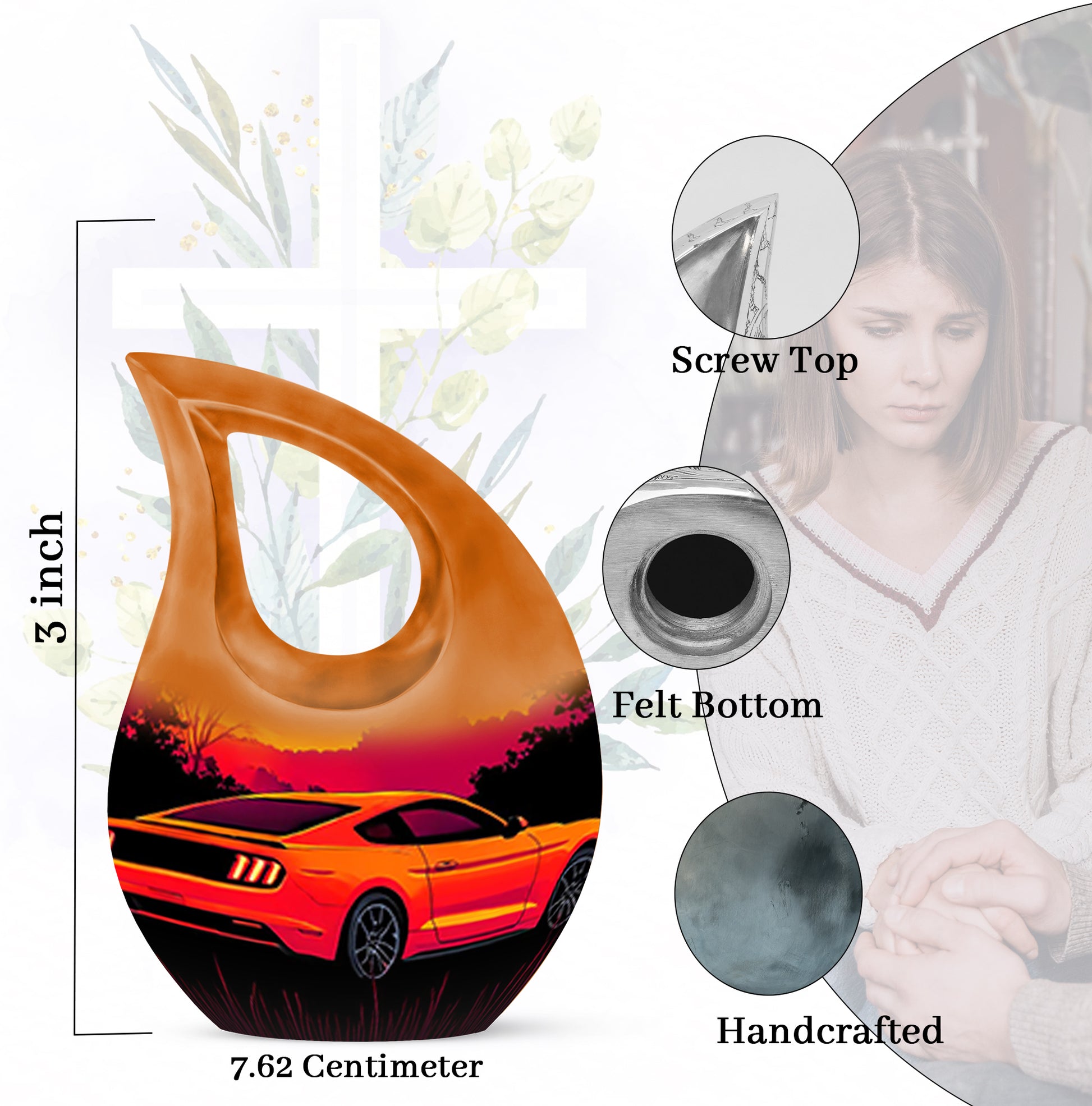 Burgundy Red Car Cremation Urn back view with polished surface - sacred cross merged with car motif on metal - mini keepsake memorial for portion of cremation ashes