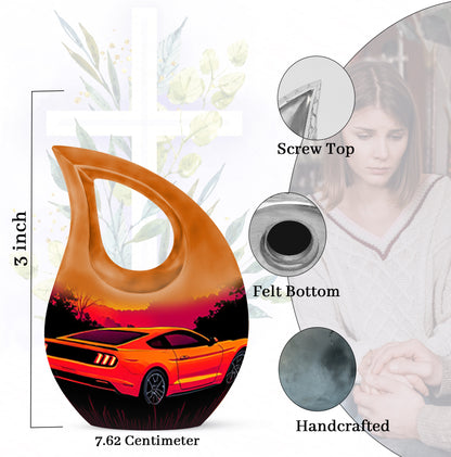 Burgundy Red Car Cremation Urn back view with polished surface - sacred cross merged with car motif on metal - mini keepsake memorial for portion of cremation ashes