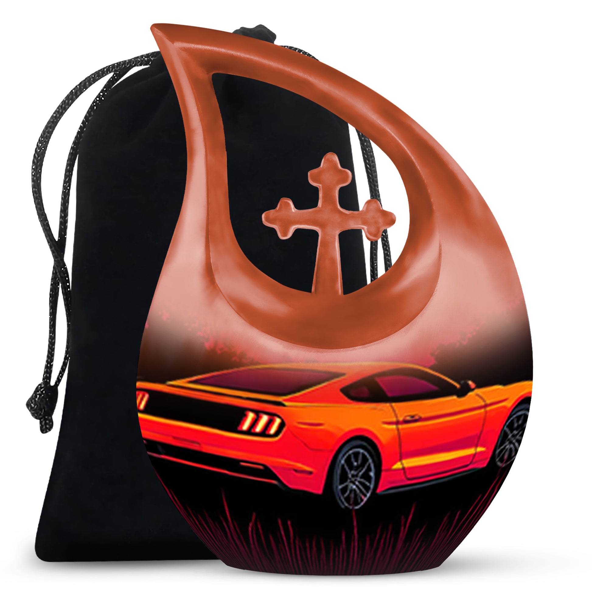 Wine Red Car Cremation Urn top-down view of secure threaded lid - sacred cross merged with car motif on metal - full-size 10 inch 200 cubic inch adult cremation urn