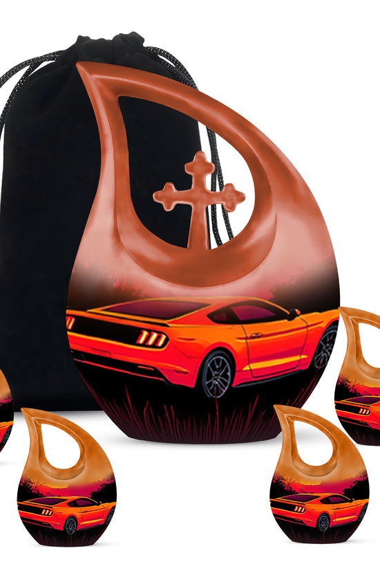 Scarlet Red Car Cremation Urn urn with complimentary velvet bag - devotional cross-drop car engraving - memorial set with one large and four small urns