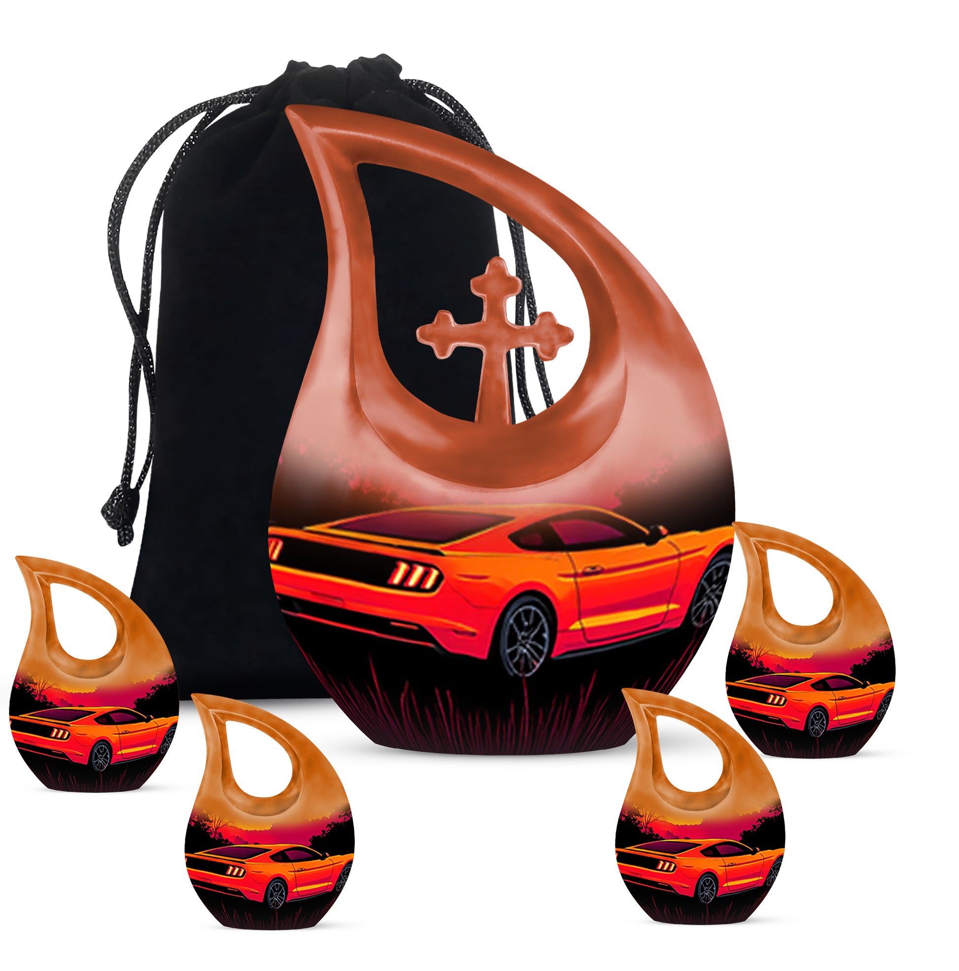 Scarlet Red Car Cremation Urn urn with complimentary velvet bag - devotional cross-drop car engraving - memorial set with one large and four small urns