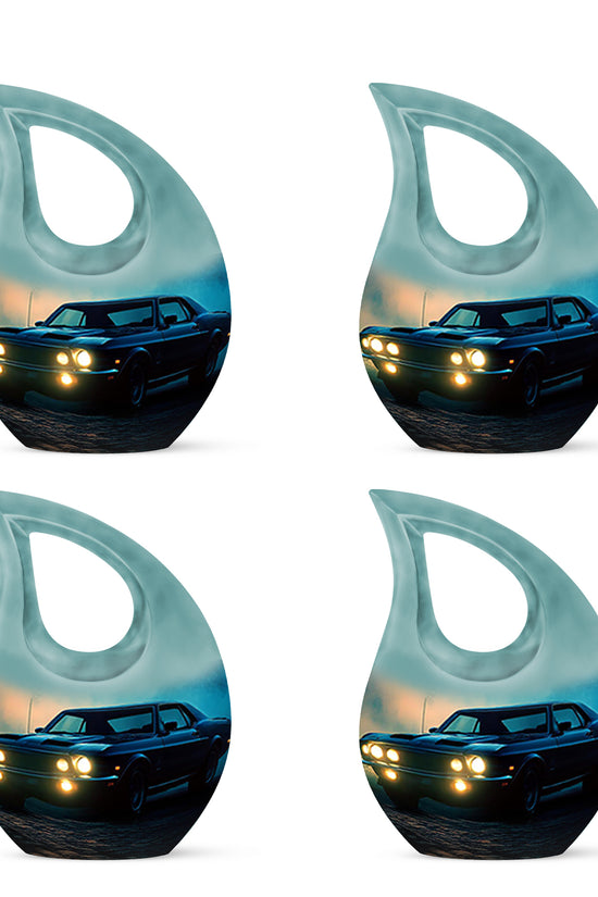 Cornflower Blue Car Cremation Urn lifestyle display on memorial shelf - faith-inspired cross-drop urn with car pattern - 10 inch aluminum urn for cremated remains