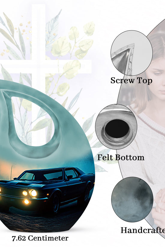 Icy Blue Car Cremation Urn back view with polished surface - sacred cross merged with car motif on metal - mini keepsake memorial for portion of cremation ashes