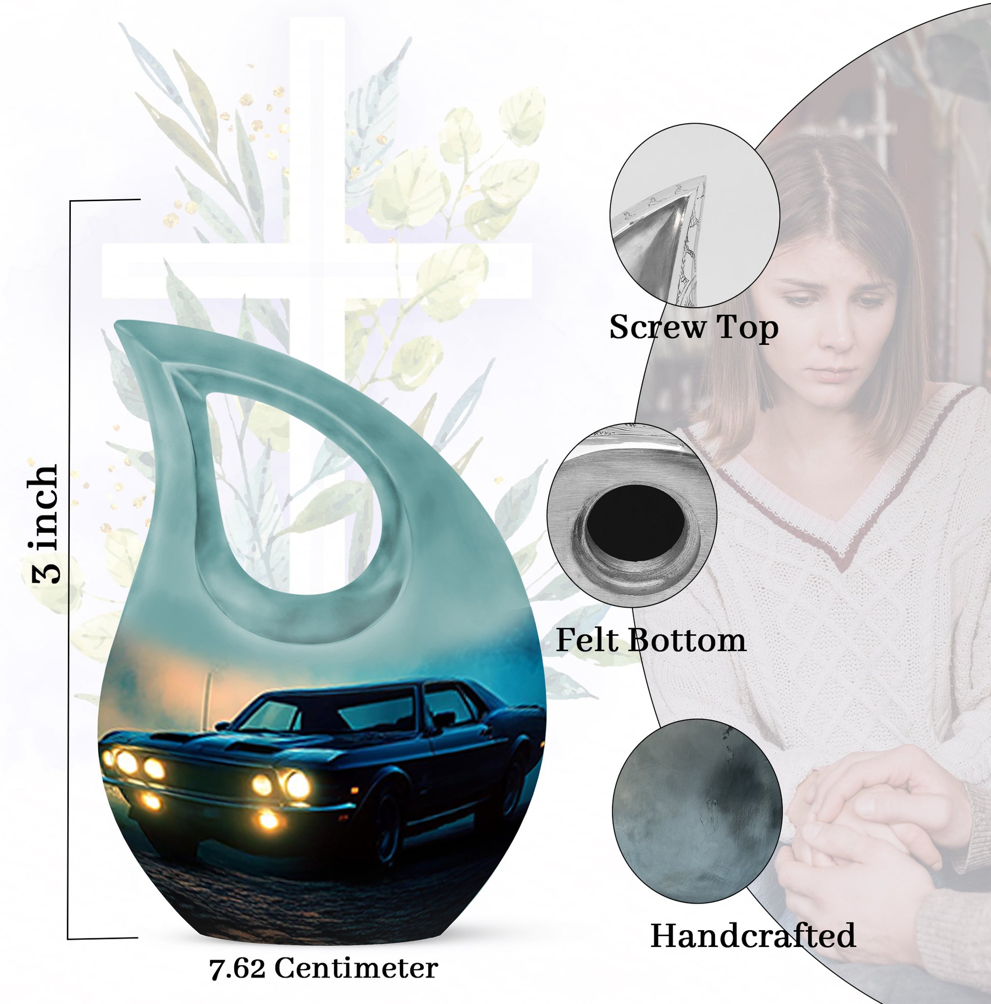 Icy Blue Car Cremation Urn back view with polished surface - sacred cross merged with car motif on metal - mini keepsake memorial for portion of cremation ashes