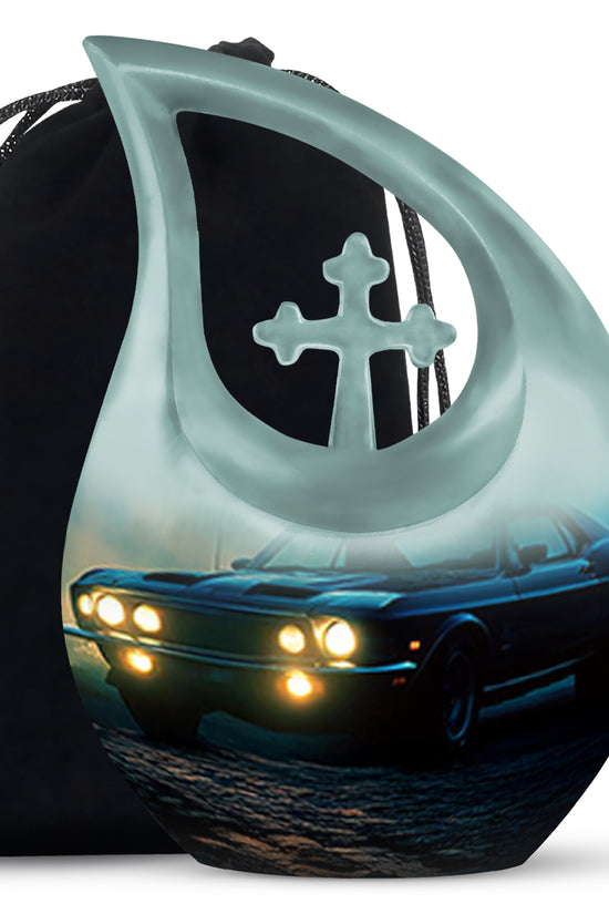 Calming Blue Car Cremation Urn top-down view of secure threaded lid - faith-inspired cross-drop urn with car pattern - full-size 10 inch 200 cubic inch adult cremation urn