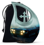 Calming Blue Car Cremation Urn top-down view of secure threaded lid - faith-inspired cross-drop urn with car pattern - full-size 10 inch 200 cubic inch adult cremation urn