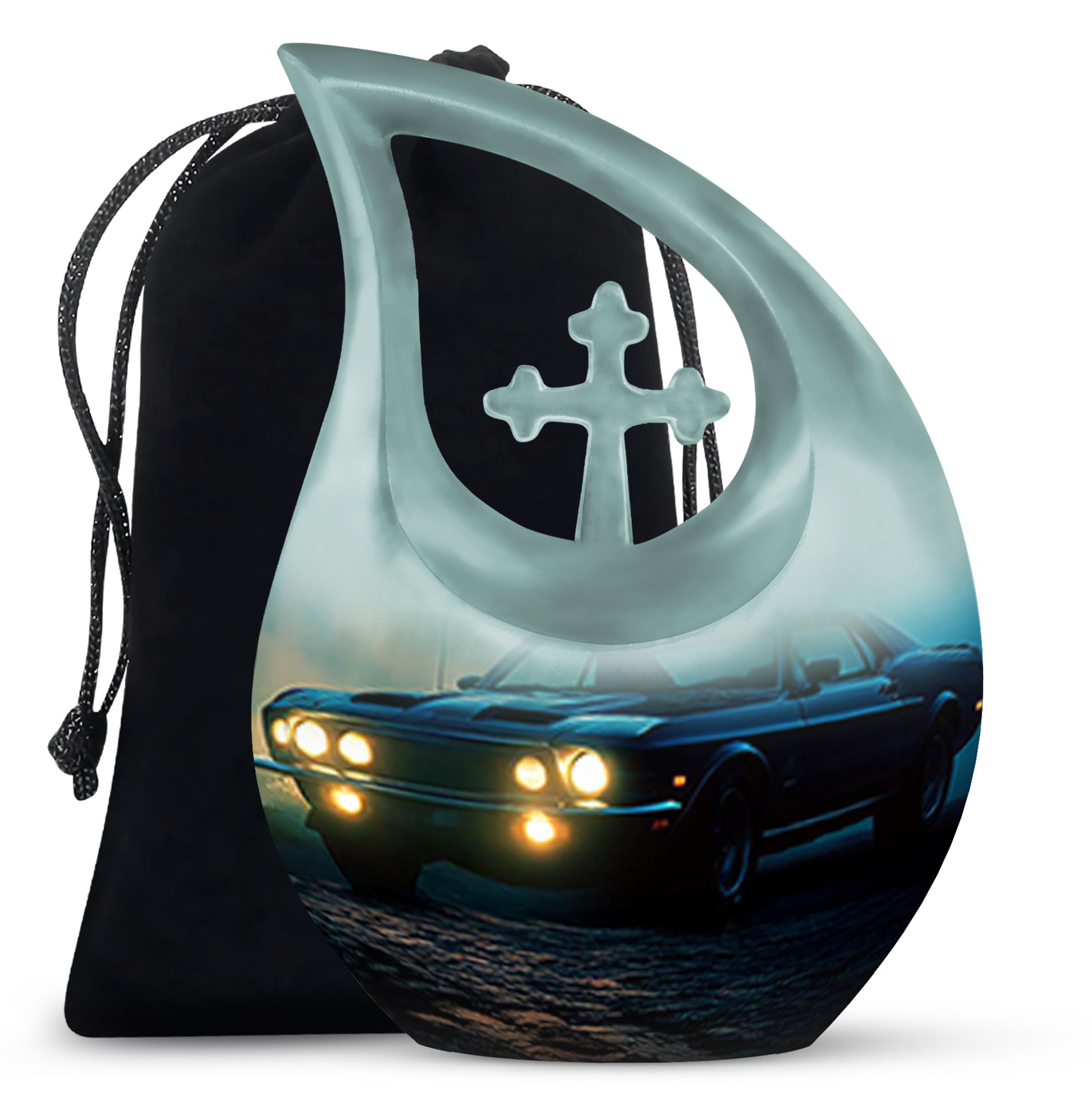 Calming Blue Car Cremation Urn top-down view of secure threaded lid - faith-inspired cross-drop urn with car pattern - full-size 10 inch 200 cubic inch adult cremation urn