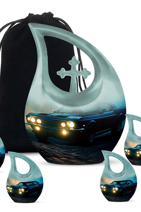 Cobalt Blue Car Cremation Urn urn with complimentary velvet bag - devotional cross-drop car engraving - memorial set with one large and four small urns