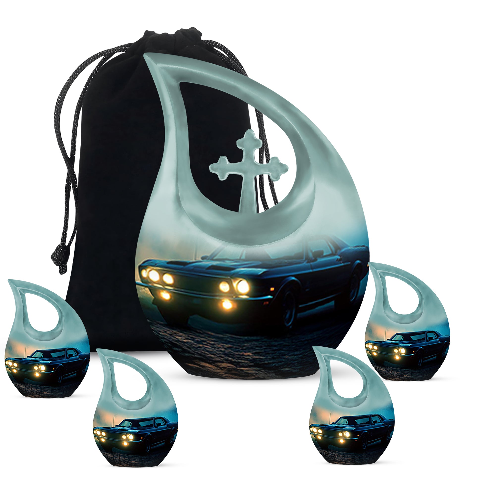Cobalt Blue Car Cremation Urn urn with complimentary velvet bag - devotional cross-drop car engraving - memorial set with one large and four small urns
