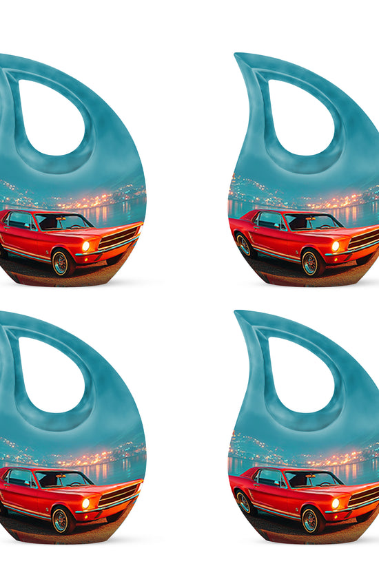 Soft Teal Car Cremation Urn lifestyle display on memorial shelf - cross and car combined in spiritual memorial design - 10 inch aluminum urn for cremated remains