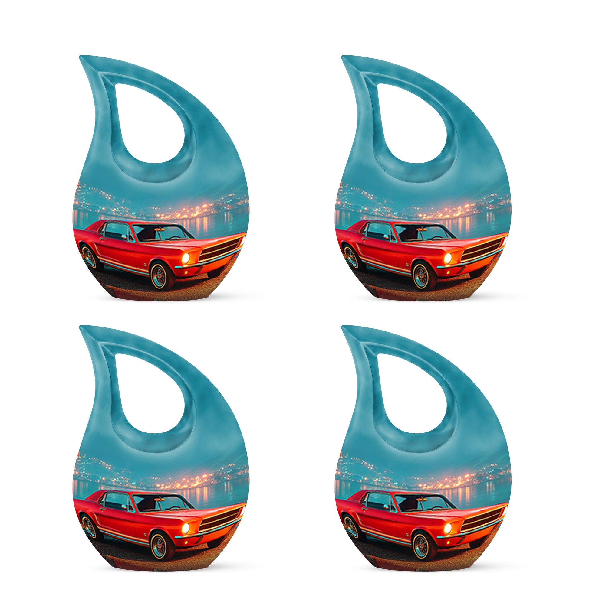 Soft Teal Car Cremation Urn lifestyle display on memorial shelf - cross and car combined in spiritual memorial design - 10 inch aluminum urn for cremated remains