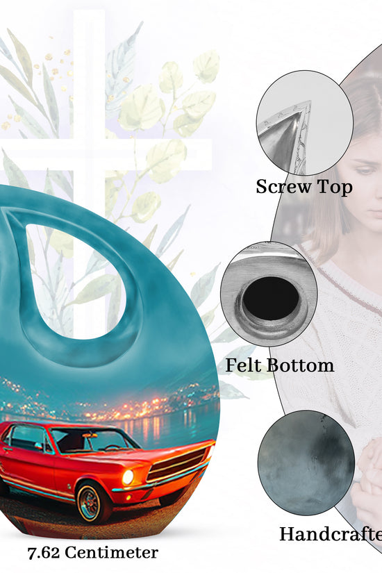 Mystic Teal Car Cremation Urn back view with polished surface - devotional cross-drop car engraving - mini keepsake memorial for portion of cremation ashes
