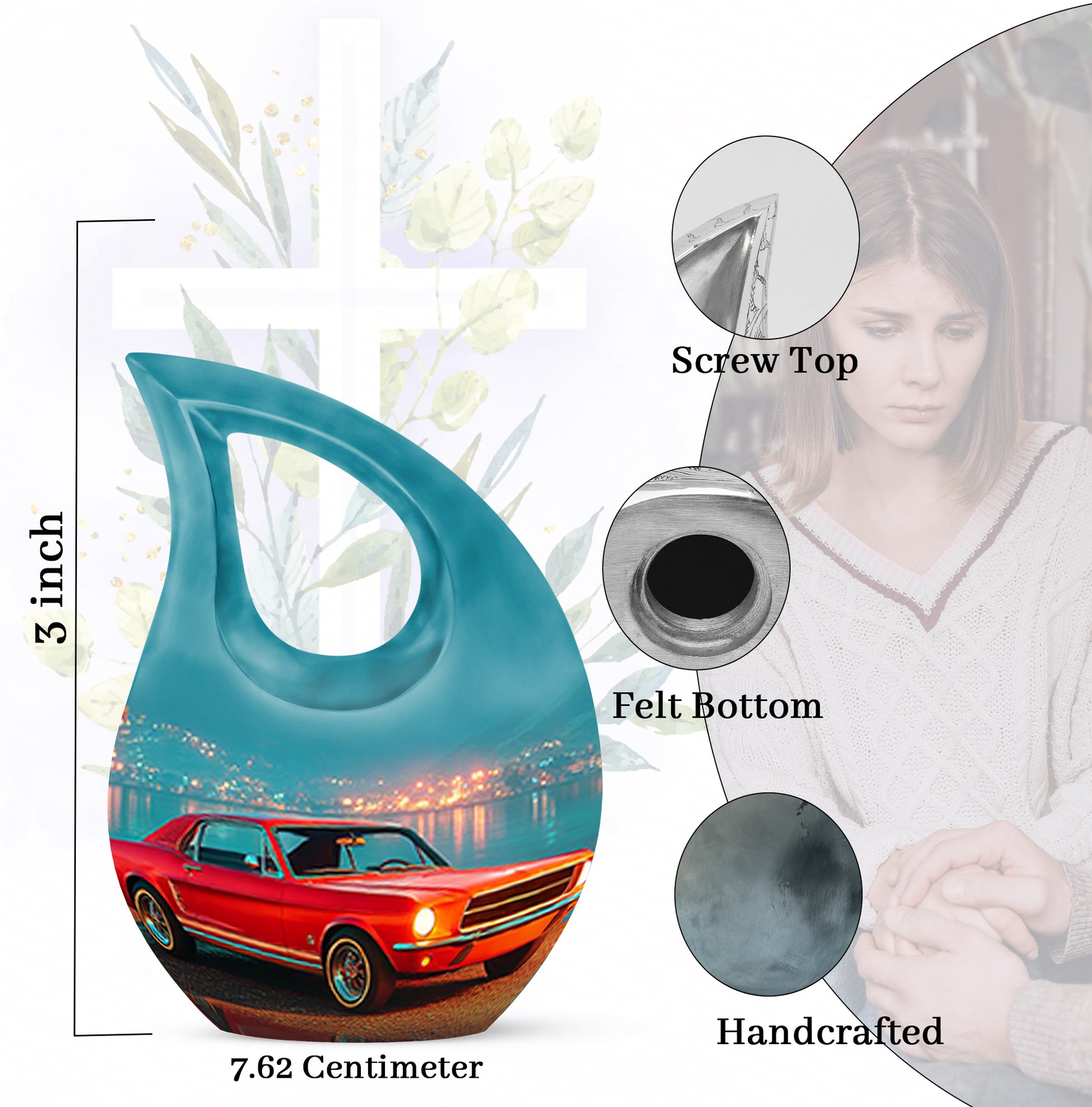 Mystic Teal Car Cremation Urn back view with polished surface - devotional cross-drop car engraving - mini keepsake memorial for portion of cremation ashes