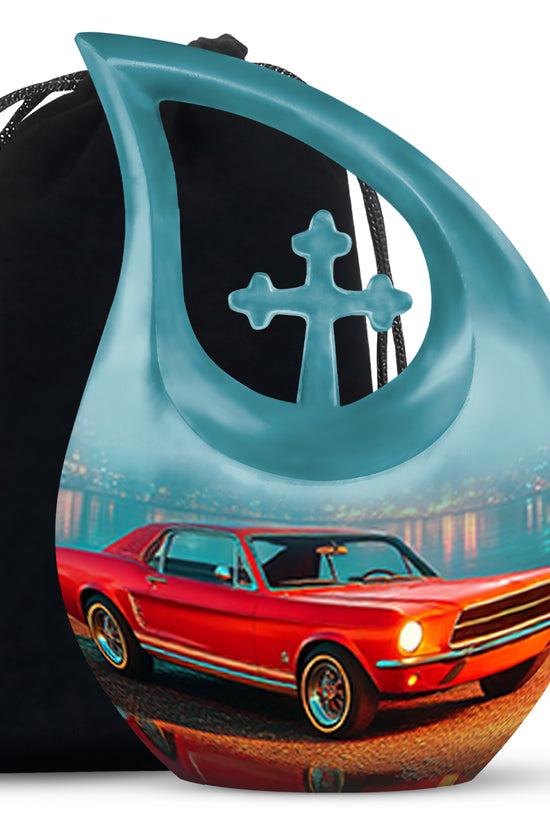 Soft Teal Car Cremation Urn top-down view of secure threaded lid - cross and car combined in spiritual memorial design - full-size 10 inch 200 cubic inch adult cremation urn