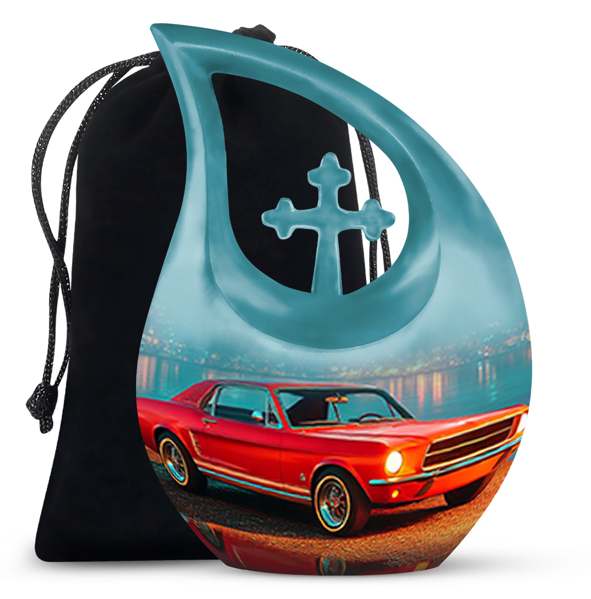 Soft Teal Car Cremation Urn top-down view of secure threaded lid - cross and car combined in spiritual memorial design - full-size 10 inch 200 cubic inch adult cremation urn