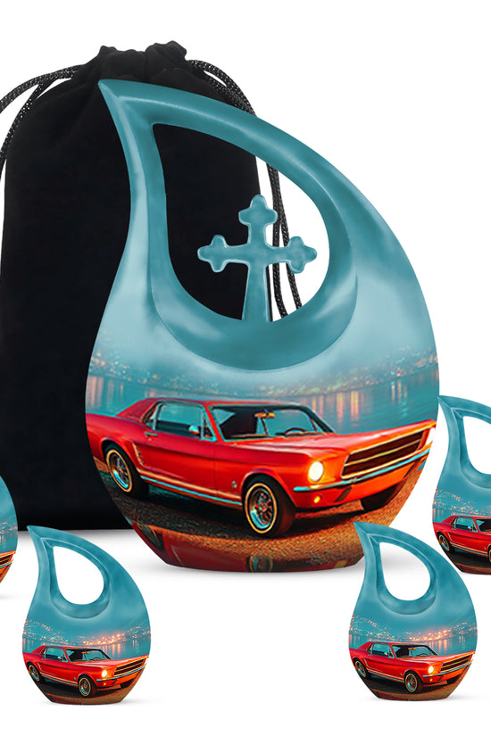 Jewel Teal Car Cremation Urn urn with complimentary velvet bag - cross and car combined in spiritual memorial design - memorial set with one large and four small urns