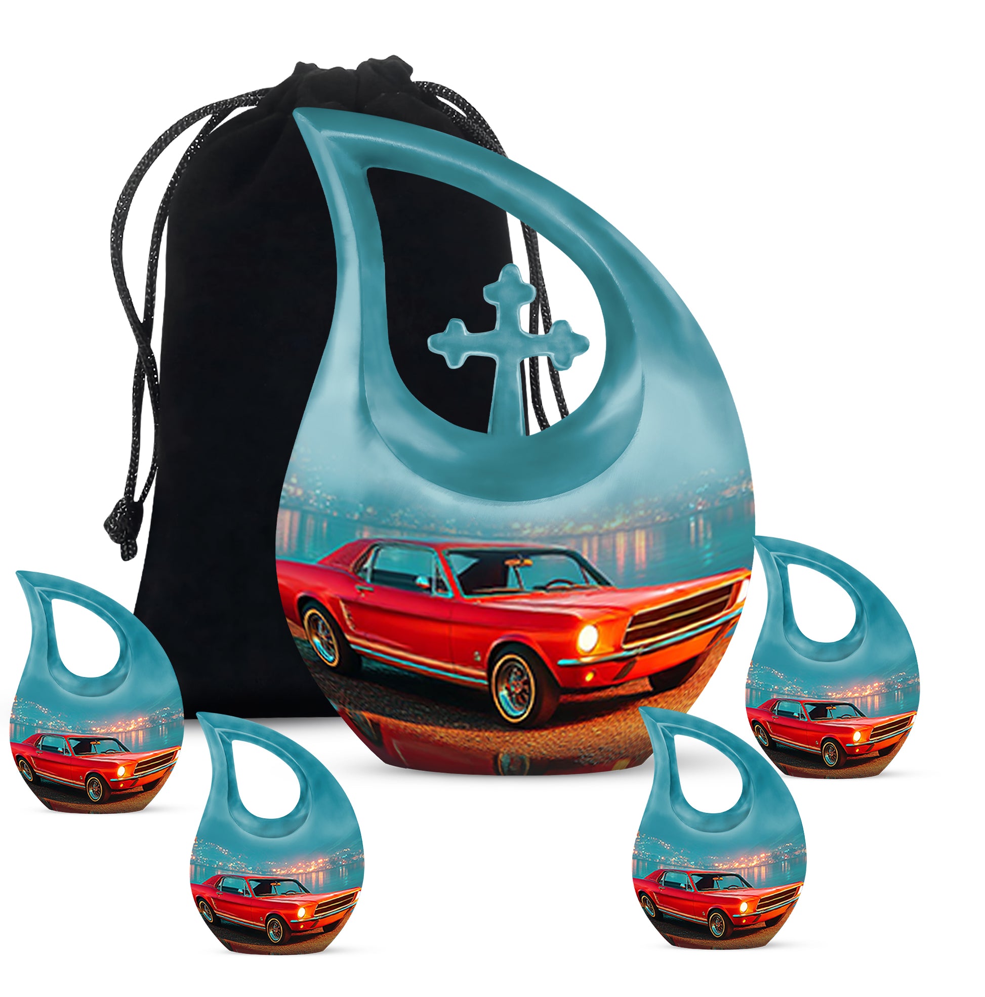 Jewel Teal Car Cremation Urn urn with complimentary velvet bag - cross and car combined in spiritual memorial design - memorial set with one large and four small urns