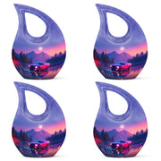 Bright Blue Car Cremation Urn lifestyle display on memorial shelf - devotional cross-drop car engraving - 10 inch aluminum urn for cremated remains