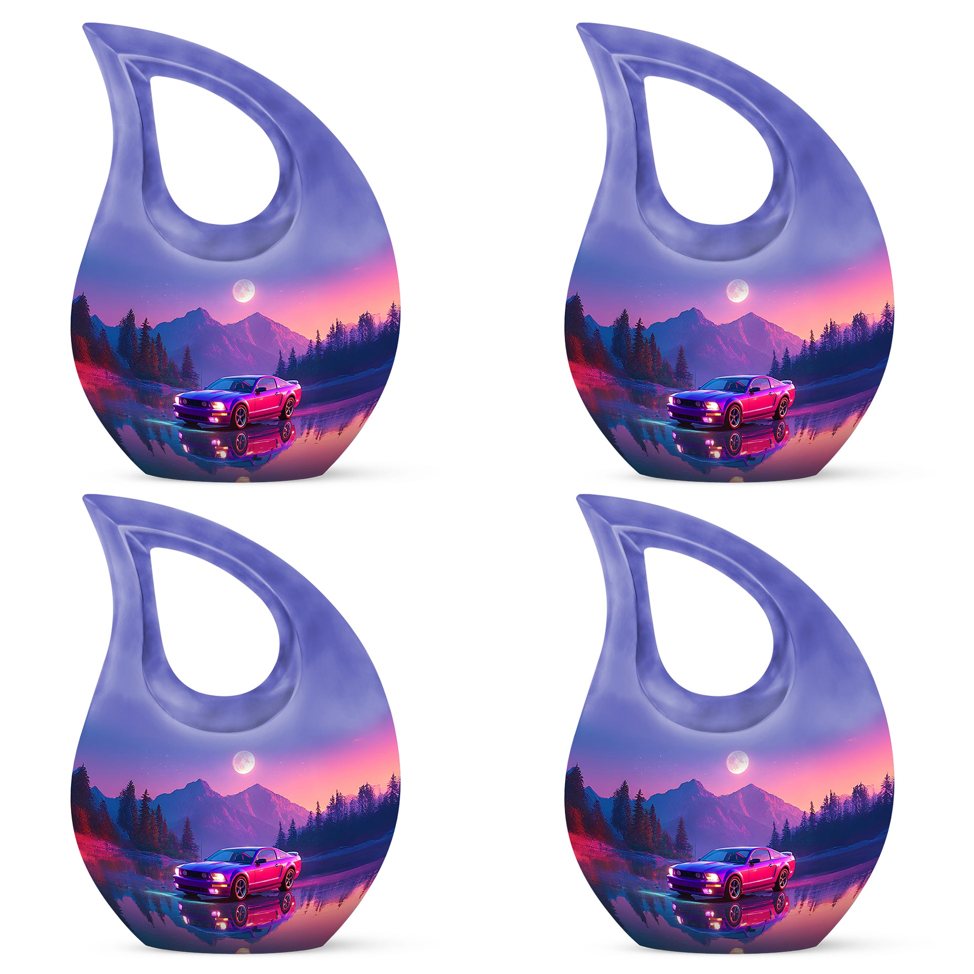 Bright Blue Car Cremation Urn lifestyle display on memorial shelf - devotional cross-drop car engraving - 10 inch aluminum urn for cremated remains
