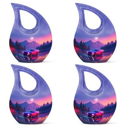 Bright Blue Car Cremation Urn lifestyle display on memorial shelf - devotional cross-drop car engraving - 10 inch aluminum urn for cremated remains