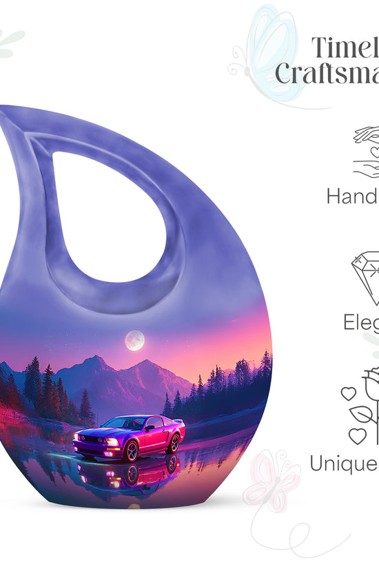 Twilight Blue Car Cremation Urn back view with polished surface - faith-inspired cross-drop urn with car pattern - mini keepsake memorial for portion of cremation ashes
