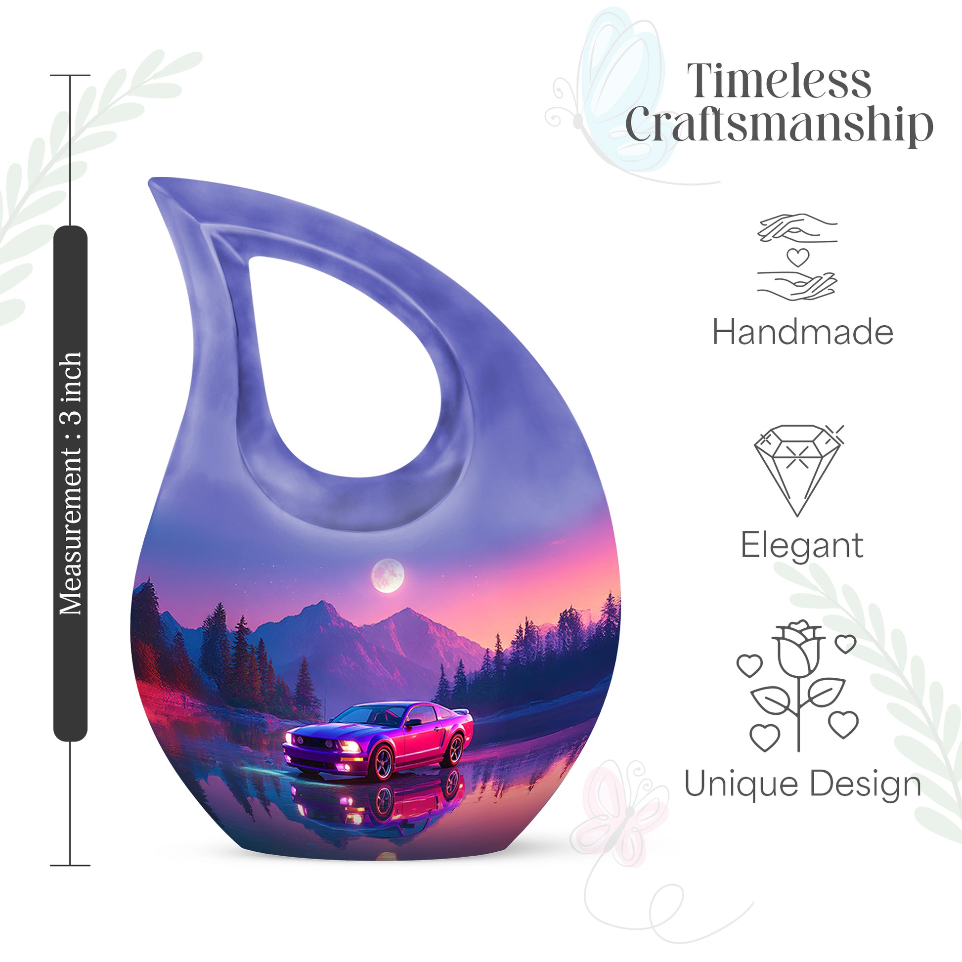 Twilight Blue Car Cremation Urn back view with polished surface - faith-inspired cross-drop urn with car pattern - mini keepsake memorial for portion of cremation ashes