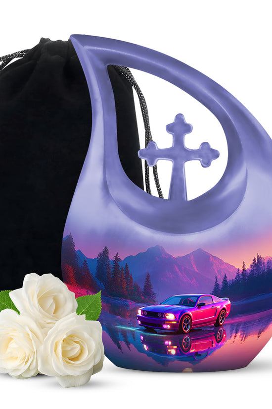 Sapphire Blue Car Cremation Urn top-down view of secure threaded lid - devotional cross-drop car engraving - full-size 10 inch 200 cubic inch adult cremation urn
