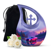 Sapphire Blue Car Cremation Urn top-down view of secure threaded lid - devotional cross-drop car engraving - full-size 10 inch 200 cubic inch adult cremation urn