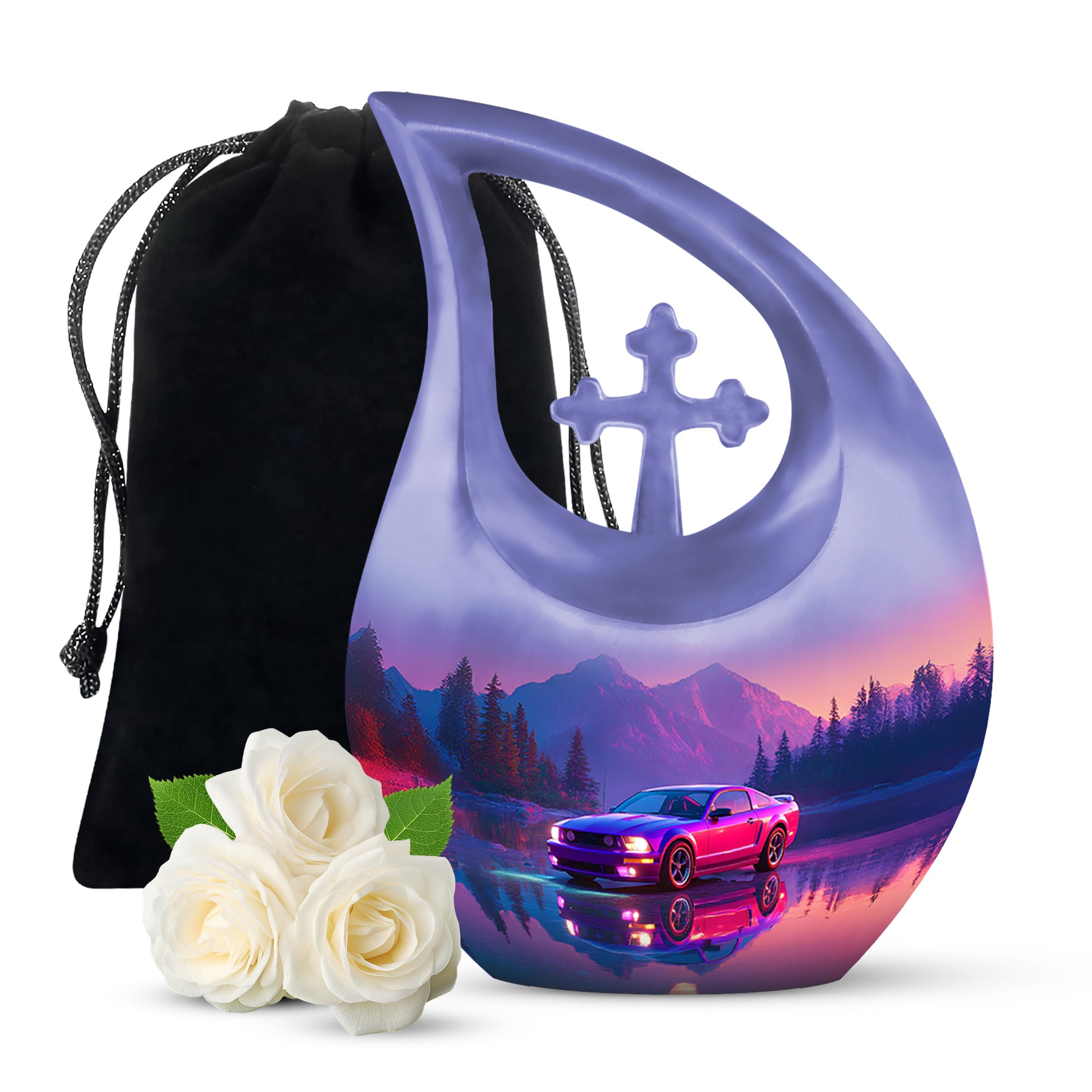 Sapphire Blue Car Cremation Urn top-down view of secure threaded lid - devotional cross-drop car engraving - full-size 10 inch 200 cubic inch adult cremation urn
