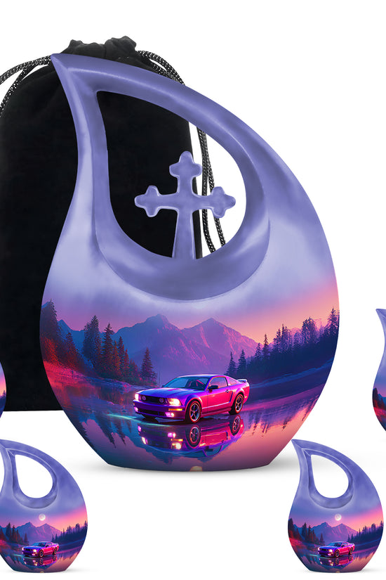 Indigo Car Cremation Urn urn with complimentary velvet bag - sacred cross merged with car motif on metal - memorial set with one large and four small urns